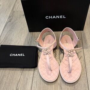 Chanel Quilted Logo Baby Pink Flat T Strap Sandals Chain CC Logo